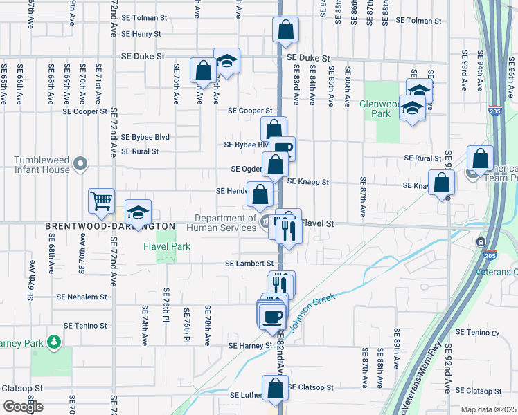 map of restaurants, bars, coffee shops, grocery stores, and more near 7451 Southeast 82nd Avenue in Portland