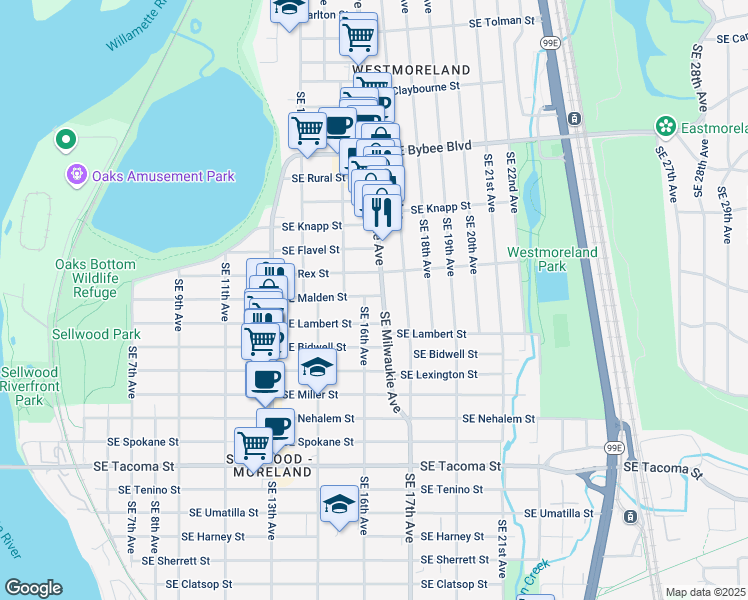 map of restaurants, bars, coffee shops, grocery stores, and more near 1623 Southeast Malden Street in Portland