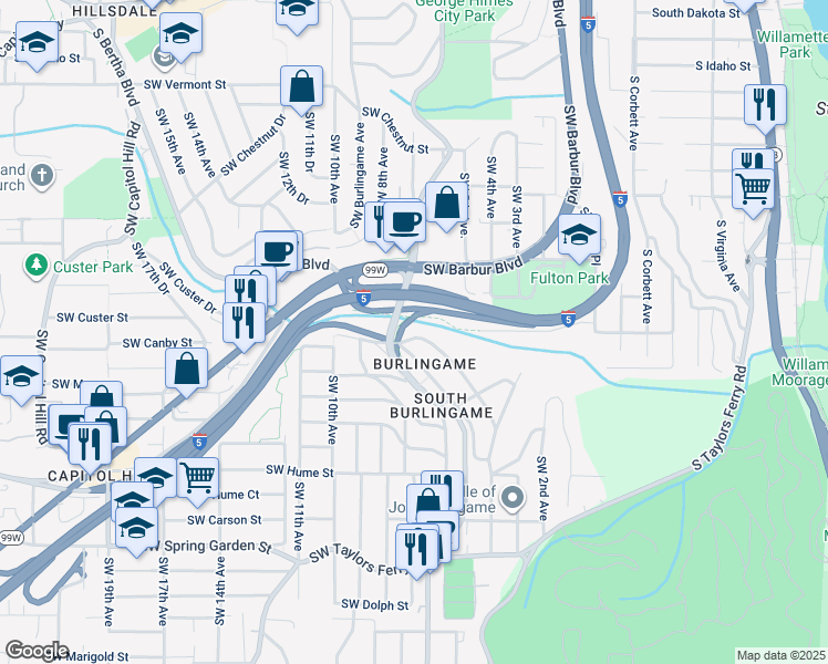 map of restaurants, bars, coffee shops, grocery stores, and more near 7750 Southwest 4th Avenue in Portland
