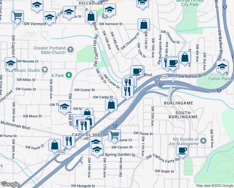 map of restaurants, bars, coffee shops, grocery stores, and more near 7610 Southwest 17th Drive in Portland