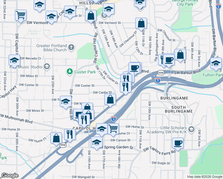 map of restaurants, bars, coffee shops, grocery stores, and more near 7610 Southwest 17th Drive in Portland