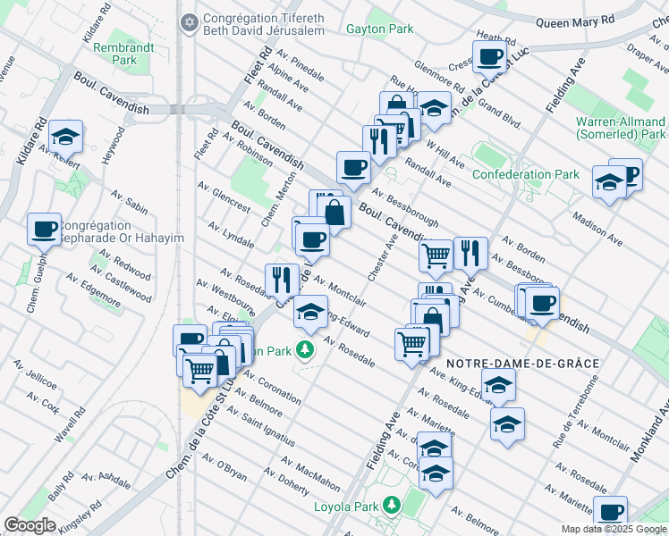 map of restaurants, bars, coffee shops, grocery stores, and more near 5420 Avenue Walkley in Montréal