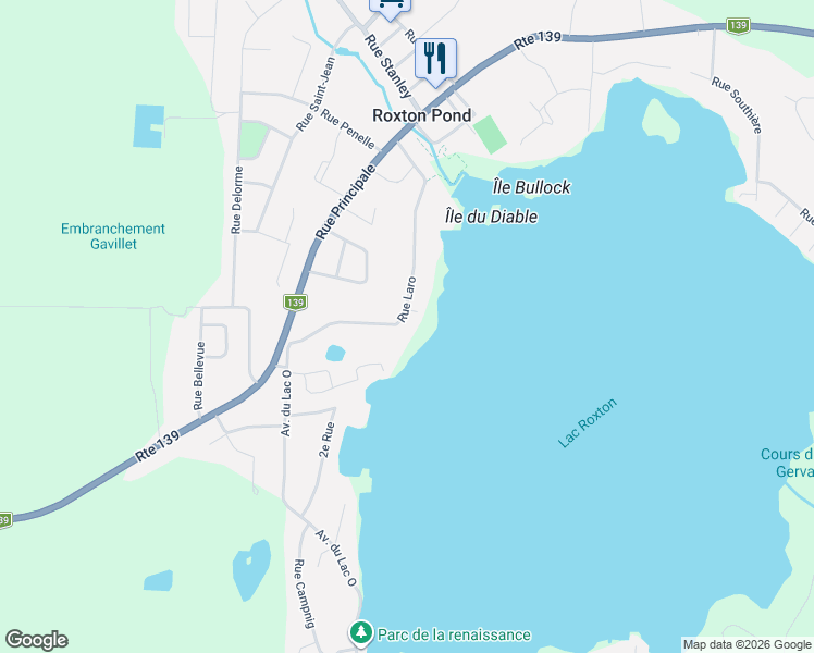 map of restaurants, bars, coffee shops, grocery stores, and more near 723 Rue Laro in Roxton Pond