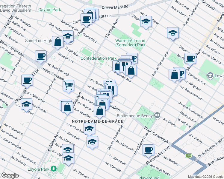 map of restaurants, bars, coffee shops, grocery stores, and more near 4825 Avenue Borden in Montreal