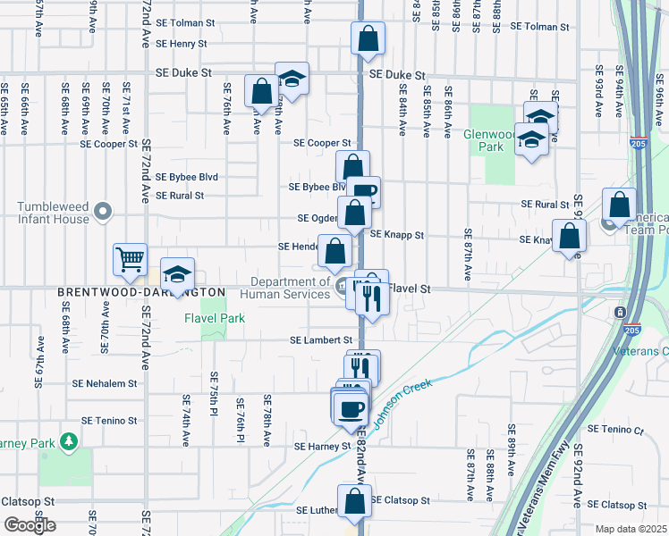 map of restaurants, bars, coffee shops, grocery stores, and more near 7451 Southeast 82nd Avenue in Portland