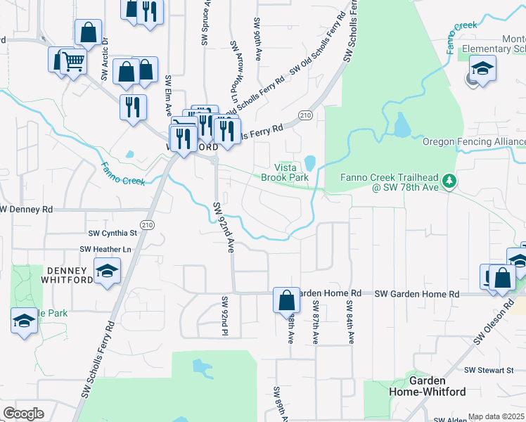 map of restaurants, bars, coffee shops, grocery stores, and more near 8890 Southwest Oak Lane in Portland