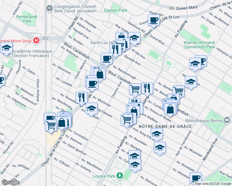 map of restaurants, bars, coffee shops, grocery stores, and more near 5296 Avenue Prince-of-Wales in Montréal
