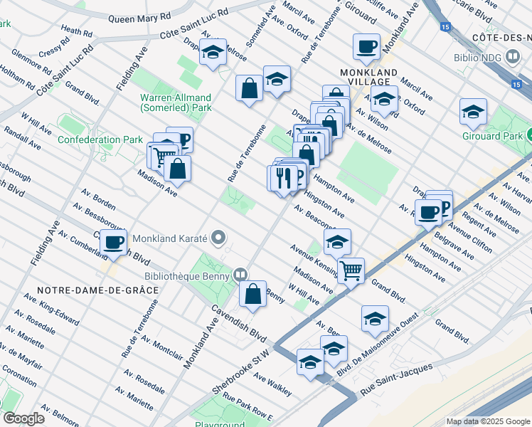 map of restaurants, bars, coffee shops, grocery stores, and more near 4360 Grand Boulevard in Montréal