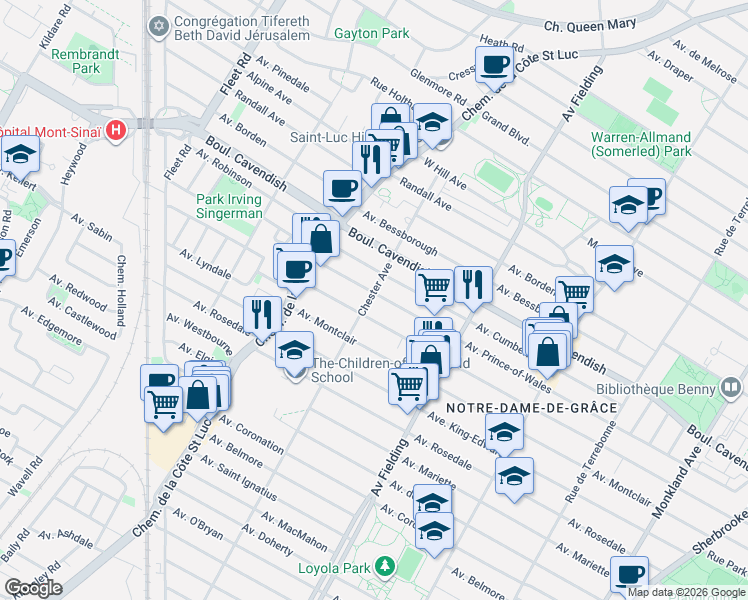 map of restaurants, bars, coffee shops, grocery stores, and more near 5296 Avenue Prince-of-Wales in Montréal