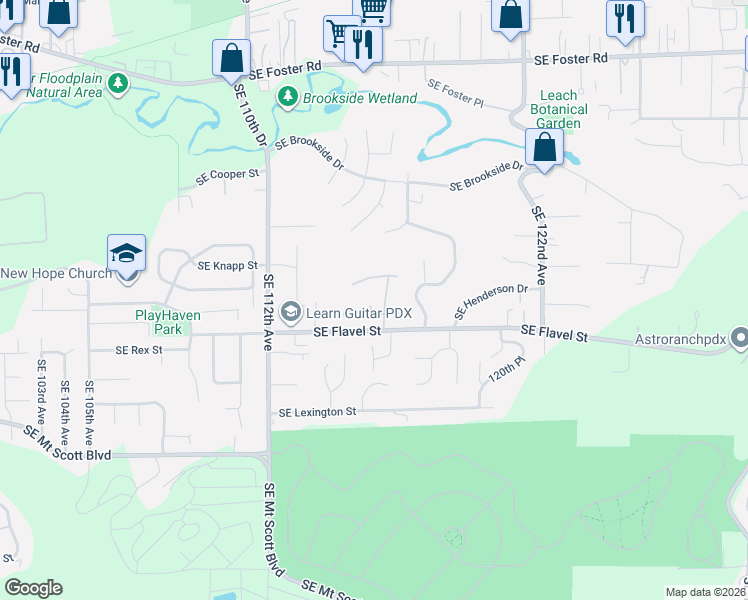 map of restaurants, bars, coffee shops, grocery stores, and more near 11505 Southeast Flavel Street in Portland