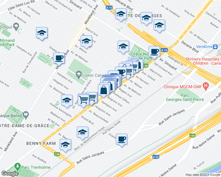 map of restaurants, bars, coffee shops, grocery stores, and more near 3436 Avenue Draper in Montrã©Al