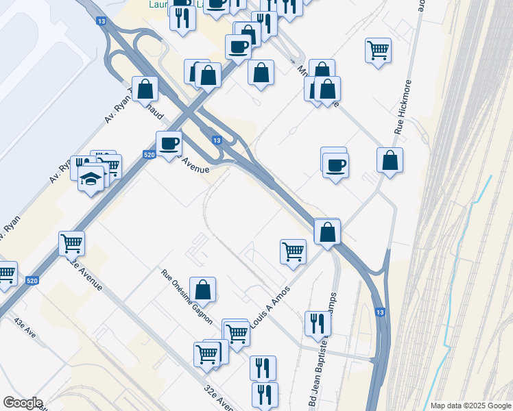 map of restaurants, bars, coffee shops, grocery stores, and more near 2125 23e Avenue in Montréal