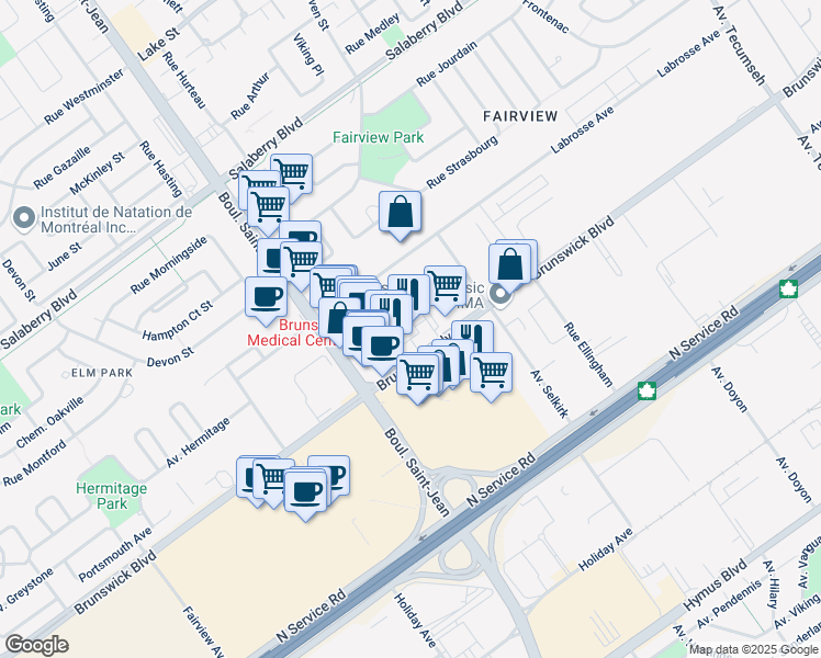 map of restaurants, bars, coffee shops, grocery stores, and more near 243 Avenue Frontenac in Pointe-Claire