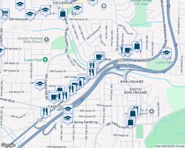 map of restaurants, bars, coffee shops, grocery stores, and more near in Portland