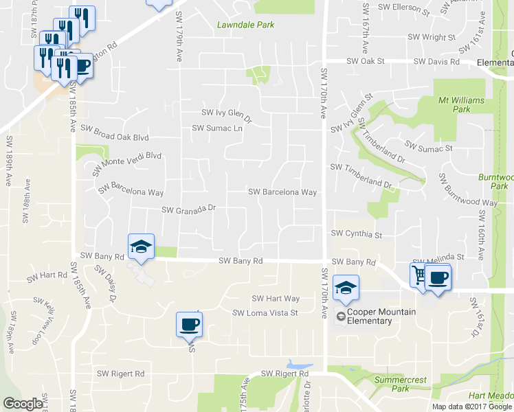 map of restaurants, bars, coffee shops, grocery stores, and more near 6985 Southwest 174th Avenue in Aloha