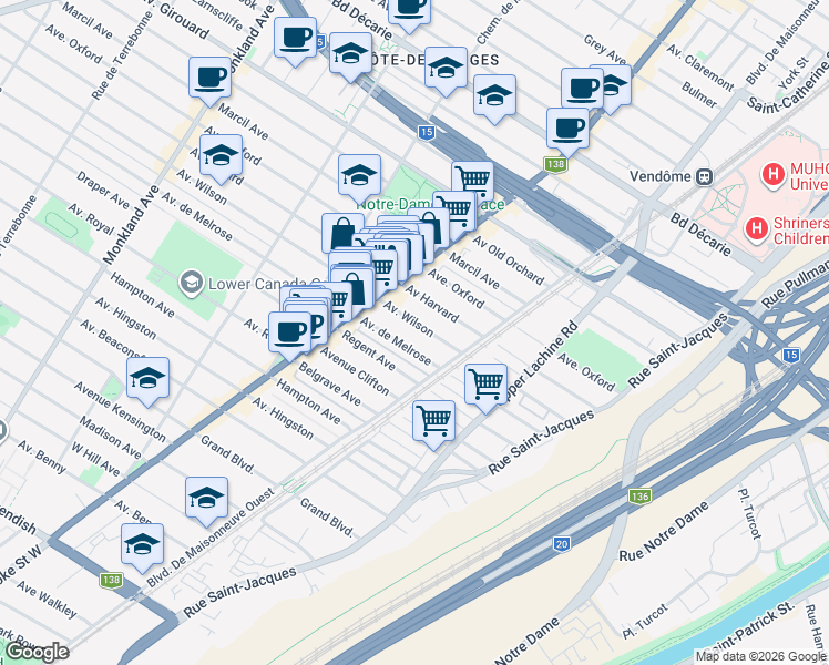 map of restaurants, bars, coffee shops, grocery stores, and more near 2270 Avenue Wilson in Montréal