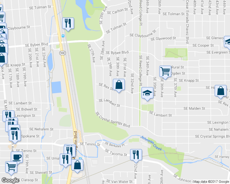 map of restaurants, bars, coffee shops, grocery stores, and more near 2930 Southeast Rex Street in Portland