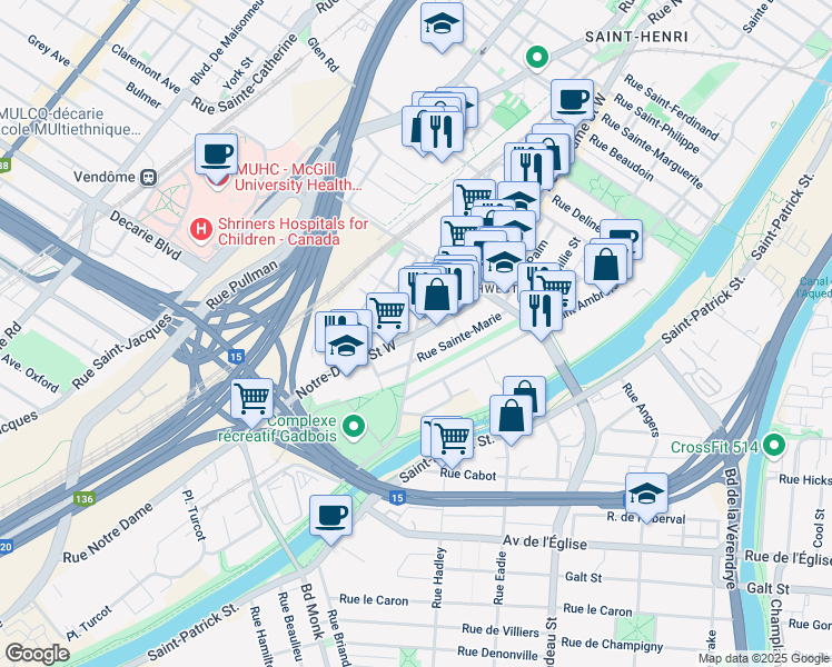 map of restaurants, bars, coffee shops, grocery stores, and more near 5116 Chemin de la Côte Saint Paul in Montréal