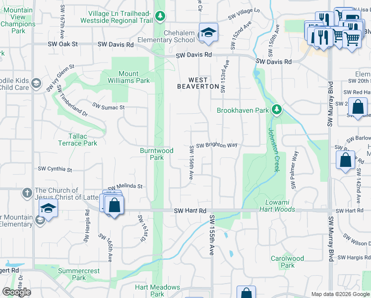 map of restaurants, bars, coffee shops, grocery stores, and more near 15630 Southwest Brighton Court in Beaverton