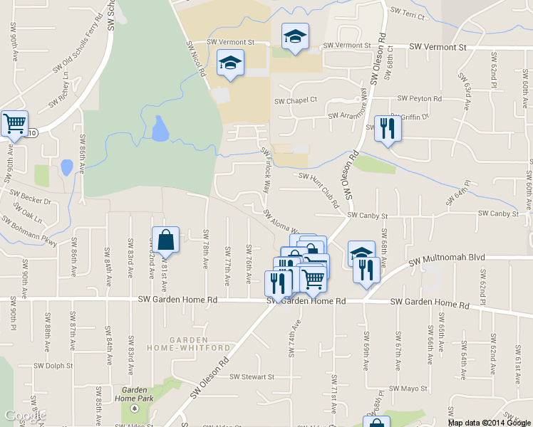 map of restaurants, bars, coffee shops, grocery stores, and more near 6960 SW Aloma Way in Portland