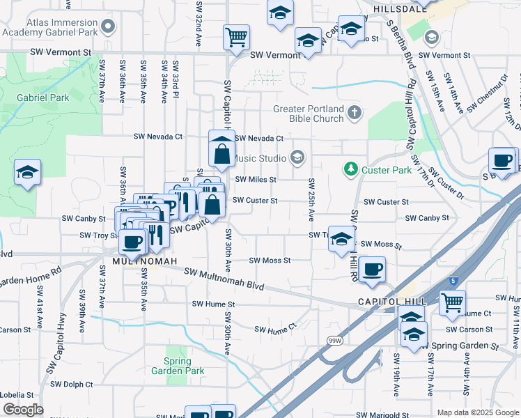 map of restaurants, bars, coffee shops, grocery stores, and more near 7606 Southwest 30th Drive in Portland