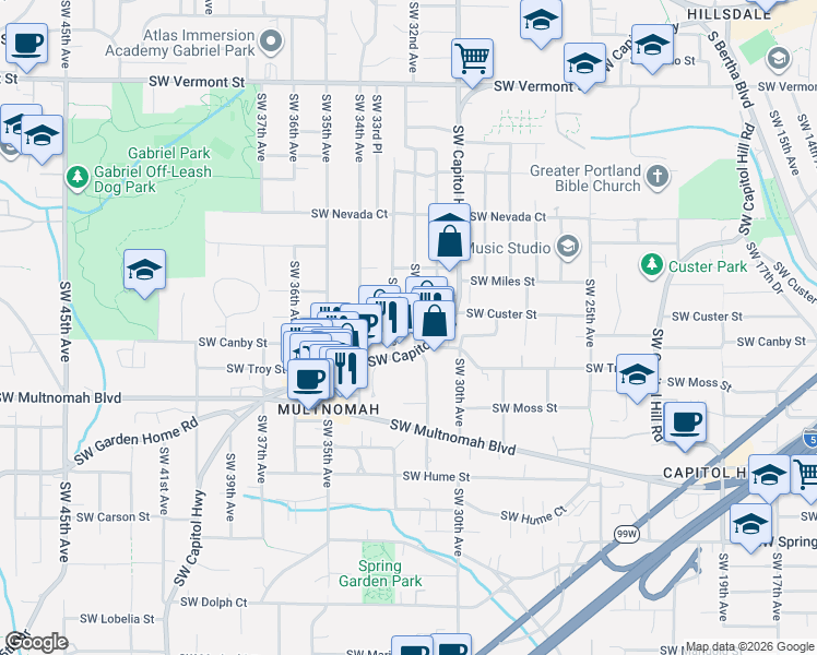 map of restaurants, bars, coffee shops, grocery stores, and more near 7611 Southwest 31st Avenue in Portland