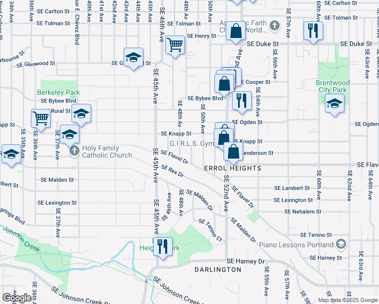 map of restaurants, bars, coffee shops, grocery stores, and more near 7408 Southeast 49th Avenue in Portland