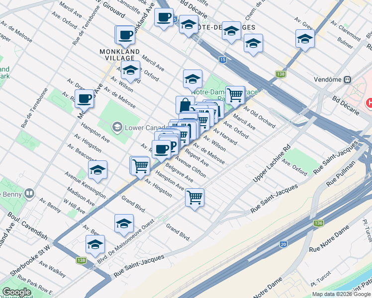 map of restaurants, bars, coffee shops, grocery stores, and more near 2395 Avenue Regent in Montréal