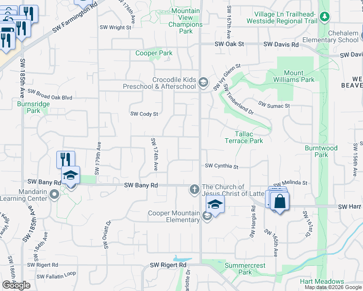 map of restaurants, bars, coffee shops, grocery stores, and more near 17175 Southwest Canby Court in Beaverton