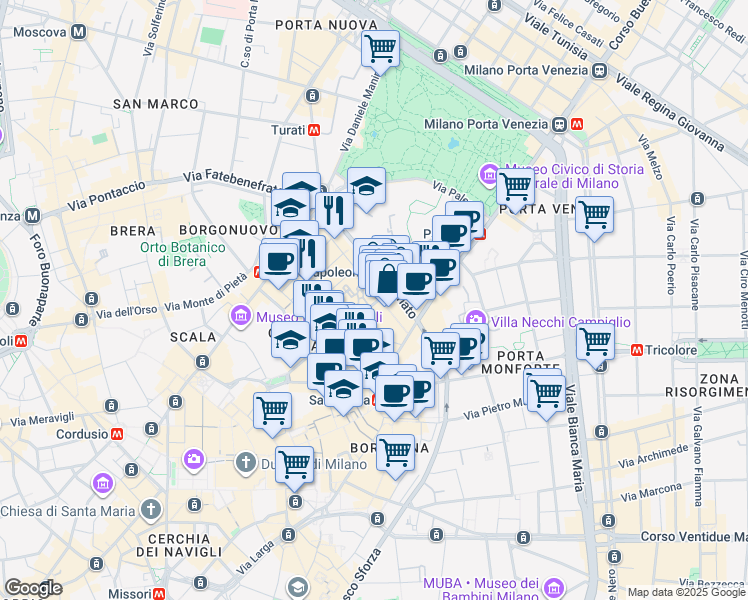 map of restaurants, bars, coffee shops, grocery stores, and more near 21 Via Sant'Andrea in Milano