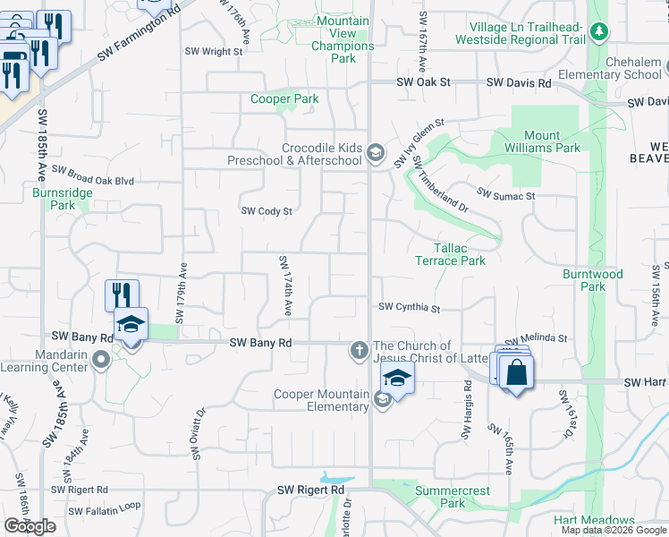 map of restaurants, bars, coffee shops, grocery stores, and more near 17175 Southwest Canby Court in Beaverton