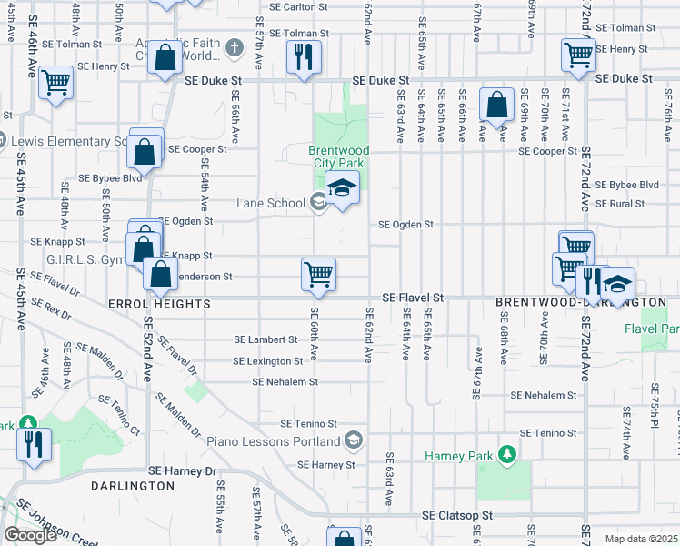 map of restaurants, bars, coffee shops, grocery stores, and more near 6055 Southeast Henderson Street in Portland