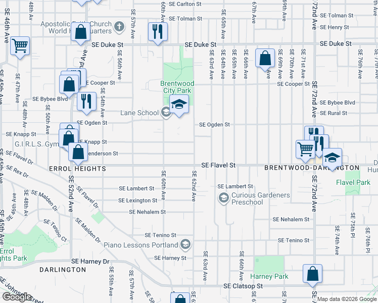 map of restaurants, bars, coffee shops, grocery stores, and more near 7350 Southeast 62nd Avenue in Portland