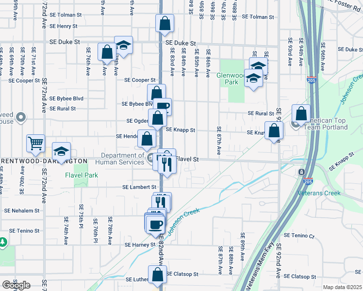 map of restaurants, bars, coffee shops, grocery stores, and more near 7405 Southeast 84th Avenue in Portland