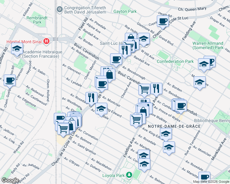 map of restaurants, bars, coffee shops, grocery stores, and more near 5375 Avenue Walkley in Montréal