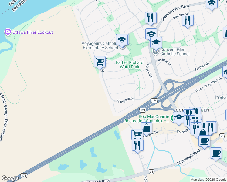 map of restaurants, bars, coffee shops, grocery stores, and more near 1149 Beaujolais Crescent in Ottawa