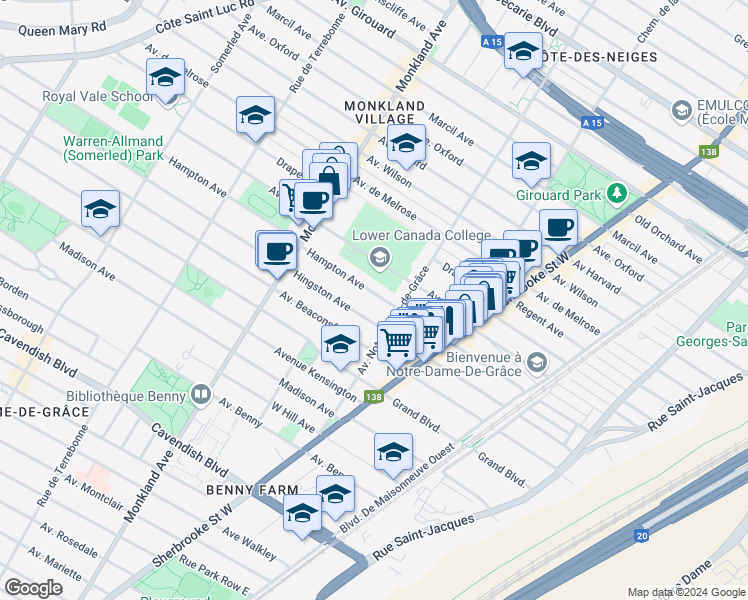 map of restaurants, bars, coffee shops, grocery stores, and more near 4066 Avenue de Hampton in Montréal