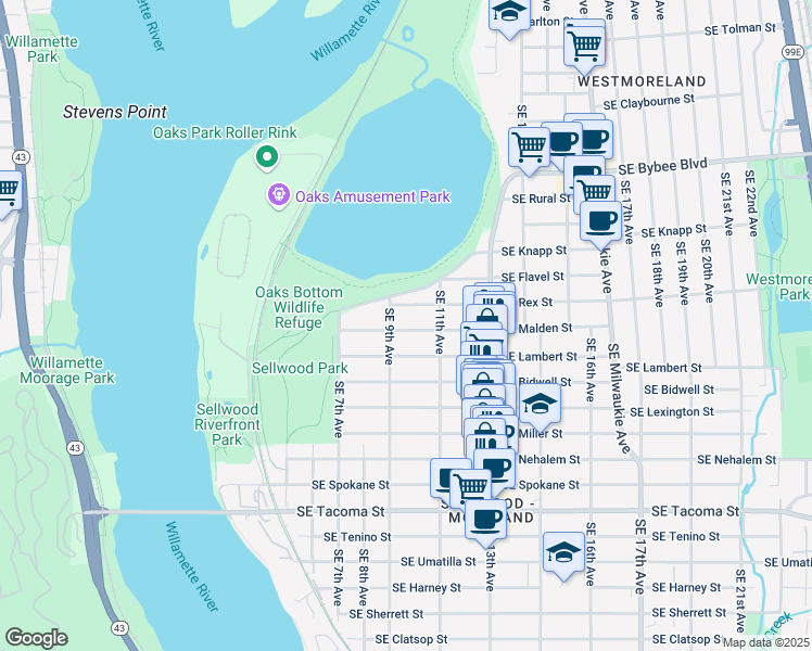 map of restaurants, bars, coffee shops, grocery stores, and more near 925 Southeast Malden Street in Portland