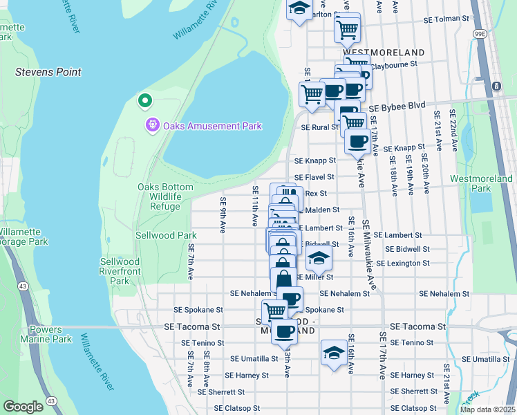 map of restaurants, bars, coffee shops, grocery stores, and more near 1103 Southeast Malden Street in Portland