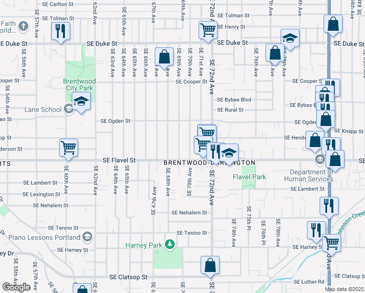 map of restaurants, bars, coffee shops, grocery stores, and more near 7414 Southeast 69th Avenue in Portland