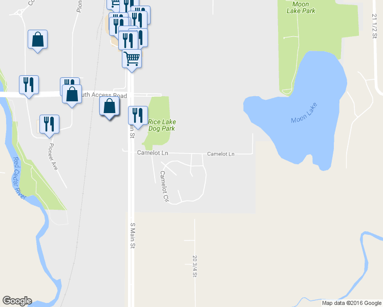 map of restaurants, bars, coffee shops, grocery stores, and more near 54 Camelot Lane in Rice Lake