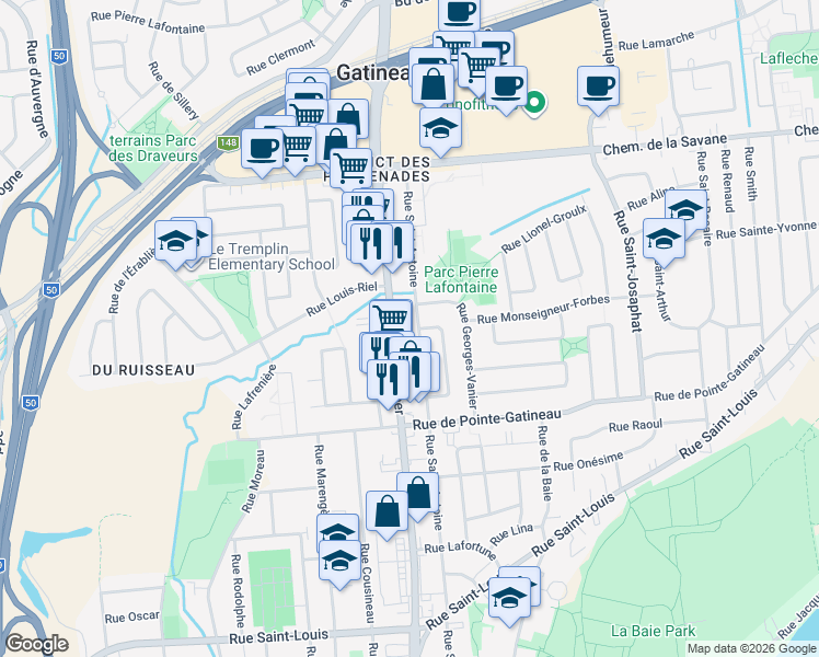 map of restaurants, bars, coffee shops, grocery stores, and more near in Gatineau