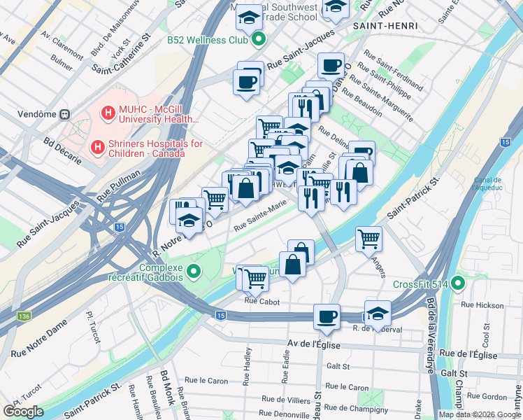 map of restaurants, bars, coffee shops, grocery stores, and more near 5101 Rue Sainte Marie in Montréal
