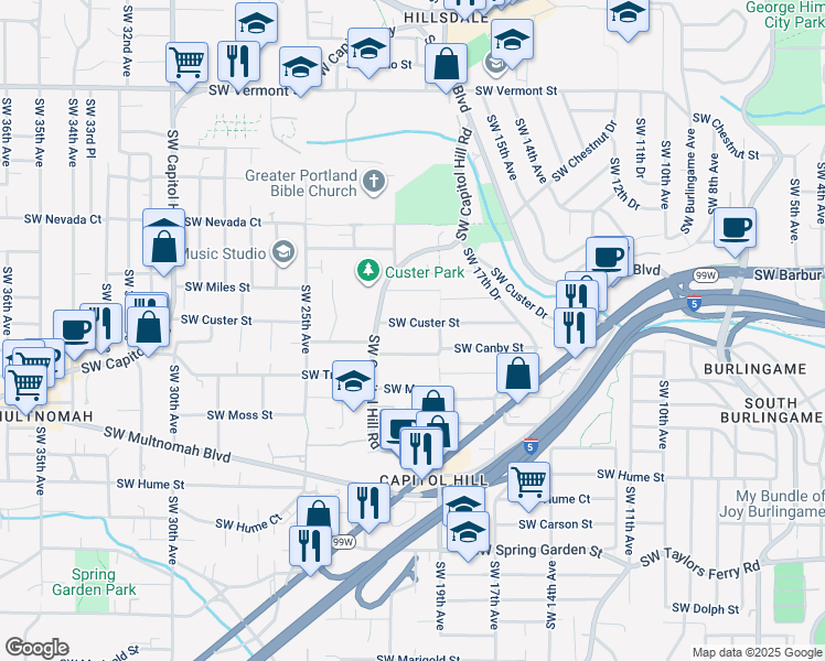 map of restaurants, bars, coffee shops, grocery stores, and more near 2004 Southwest Custer Street in Portland