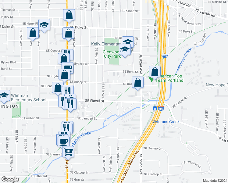 map of restaurants, bars, coffee shops, grocery stores, and more near 8801 Southeast Henderson Street in Portland
