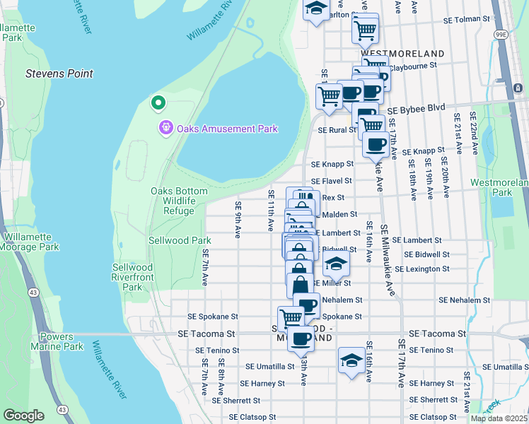 map of restaurants, bars, coffee shops, grocery stores, and more near 1103 Southeast Malden Street in Portland