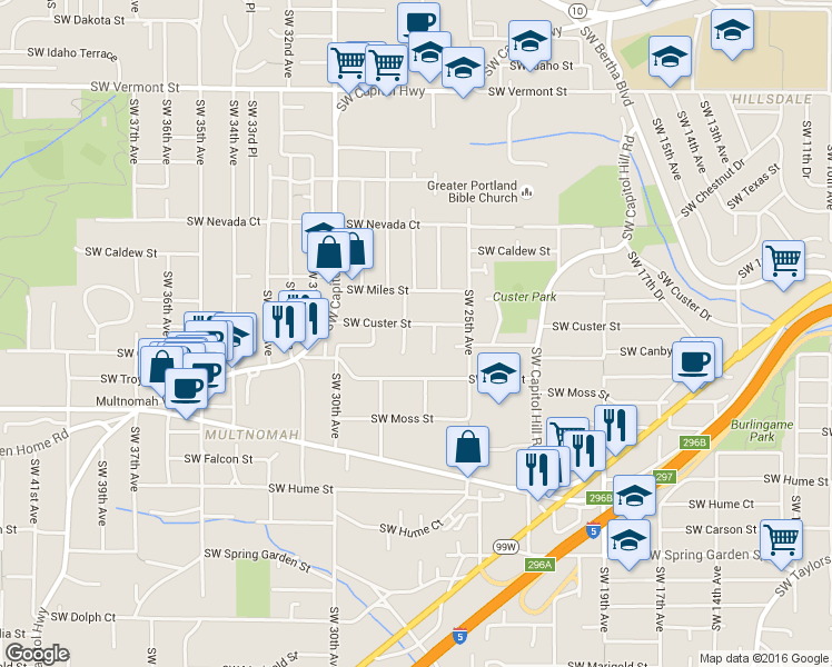 map of restaurants, bars, coffee shops, grocery stores, and more near 2638 Southwest Custer Street in Portland