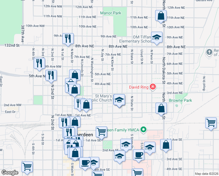 map of restaurants, bars, coffee shops, grocery stores, and more near 315 North Kline Street in Aberdeen