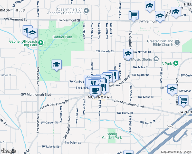 map of restaurants, bars, coffee shops, grocery stores, and more near 3526 Southwest Custer Street in Portland