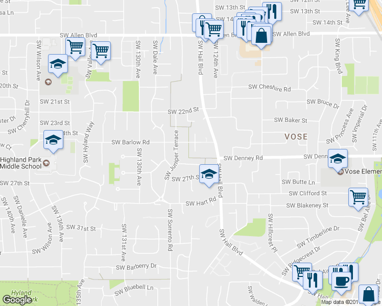 map of restaurants, bars, coffee shops, grocery stores, and more near 6975 Southwest Larkspur Place in Beaverton